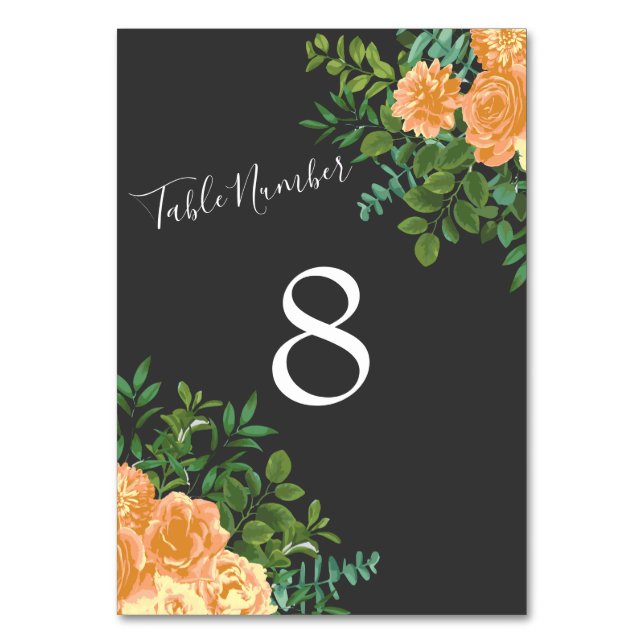 Dunkelgraue Peach Wedding Modern Floral Tischnummer (Rückseite)