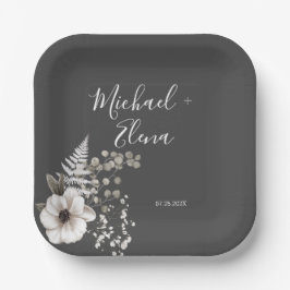 Dunkelgraue und weiße Blütenhochzeit Pappteller