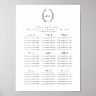 Dunkelgrauer Blätterkranz Hochzeits-Sitzplan Poster