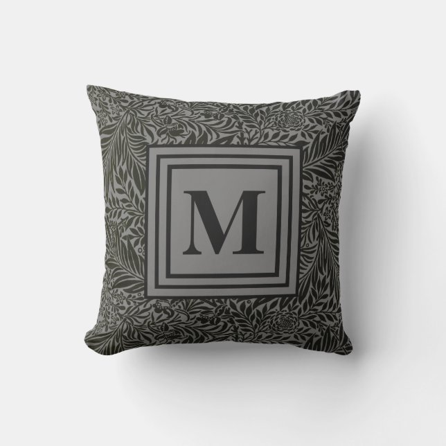 Dunkelgraues, botanisches Mustermonogramm Kissen (Vorderseite)