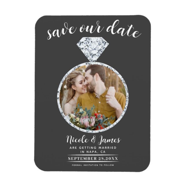 Dunkelgraues Diamantring-Bling-Foto Save the Date Magnet (Vertikal)