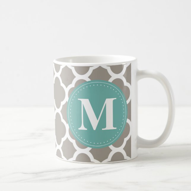 Dunkelgraues Monogramm Pink Quatrefolienmuster Tasse (Rechts)