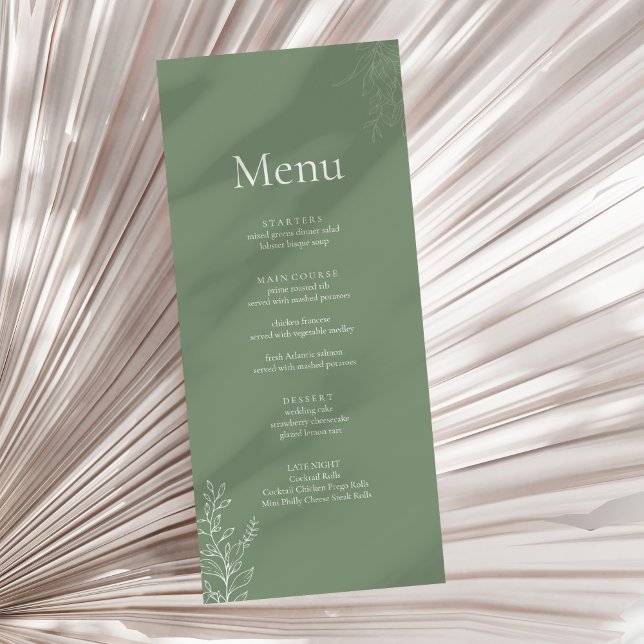 Dunkelgrün-botanisches Hochzeitsmenü Menükarte (Dark Sage Green Botanical Wedding Menu on a neutral dry palm leaf.)