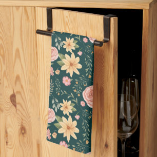 Dunkelgrün elegantes Vintage-Wildblumenmuster  Geschirrtuch