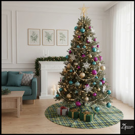 Dunkelgrün-gelbes Vintage-Karomuster Tartan Polyester Weihnachtsbaumdecke