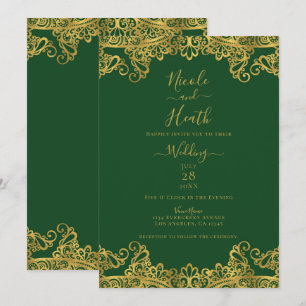 Dunkelgrün & Goldene Spitze Elegante Hochzeit    Einladung
