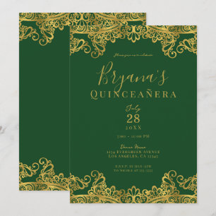 Dunkelgrün & goldene Spitzen Elegantes Quinceñera Einladung