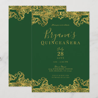 Dunkelgrün & goldene Spitzen Elegantes Quinceñera  Einladung