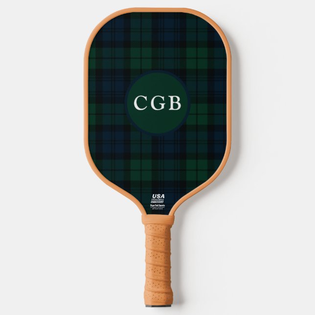 Dunkelgrün kariert mit Monogramm Pickleball Schläger (Vorderseite)
