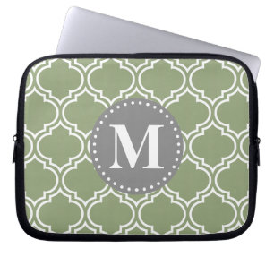 Dunkelgrün-marokkanisches Gittermuster-Monogramm Laptopschutzhülle
