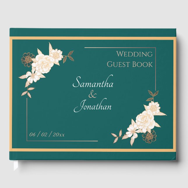 Dunkelgrün mit Creme-Rose Hochzeit Gästebuch (Vorderseite)