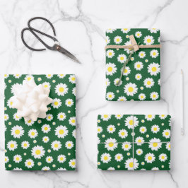 Dunkelgrün mit gelbem weißem Daisy-Blume-Muster Geschenkpapier Set