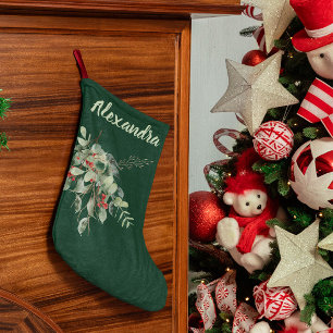 Dunkelgrün mit Wasserfarben-Blättern und -Beeren b Großer Weihnachtsstrumpf