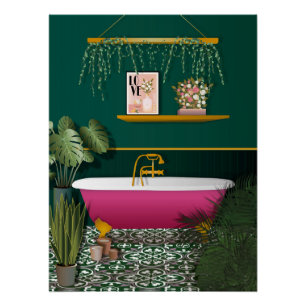 Dunkelgrün Romantisches Badezimmer   Pink Bathtub  Poster