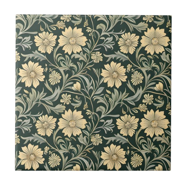 Dunkelgrün stilisierte gelbe Blumen Muster  Fliese (Vorderseite)