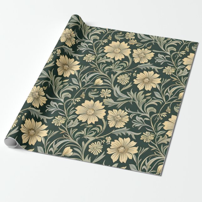 Dunkelgrün stilisierte gelbe Blumen Muster Geschenkpapier (Ungerollt)