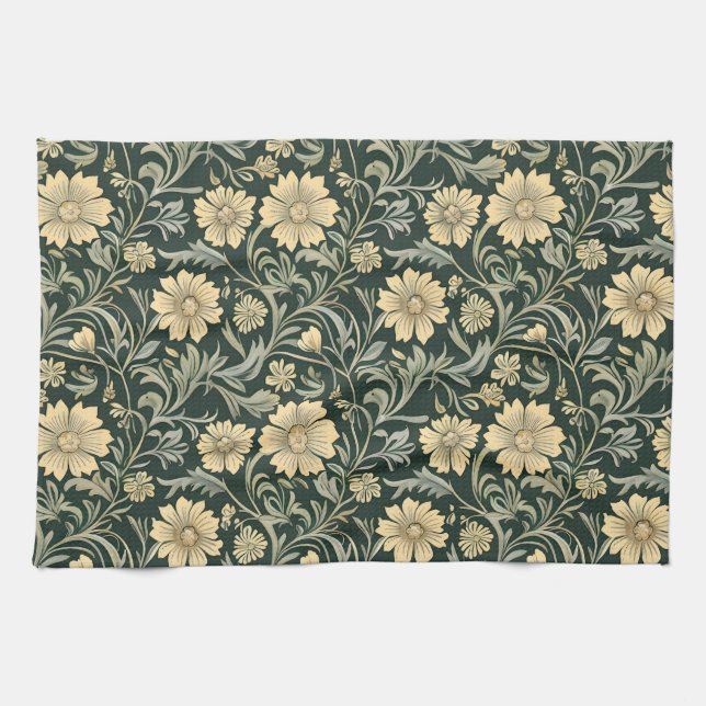 Dunkelgrün stilisierte gelbe Blumen Muster  Geschirrtuch (Horizontal)