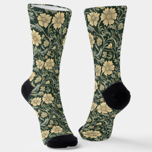 Dunkelgrün stilisierte gelbe Blumen Muster Socken