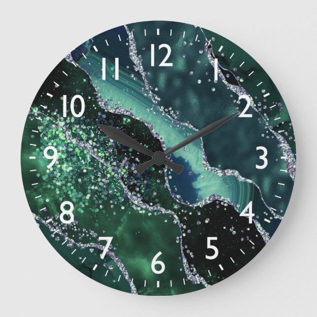 Dunkelgrün und Imitat Glitzer Agate Monogram Große Wanduhr (Vorderseite)