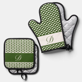 Dunkelgrün und Mit Monogramm Polka-Dot Ofenhandschuh & Topflappen-Set