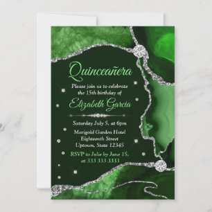 Dunkelgrün und Silber Glitter Achat Quinceanera Einladung