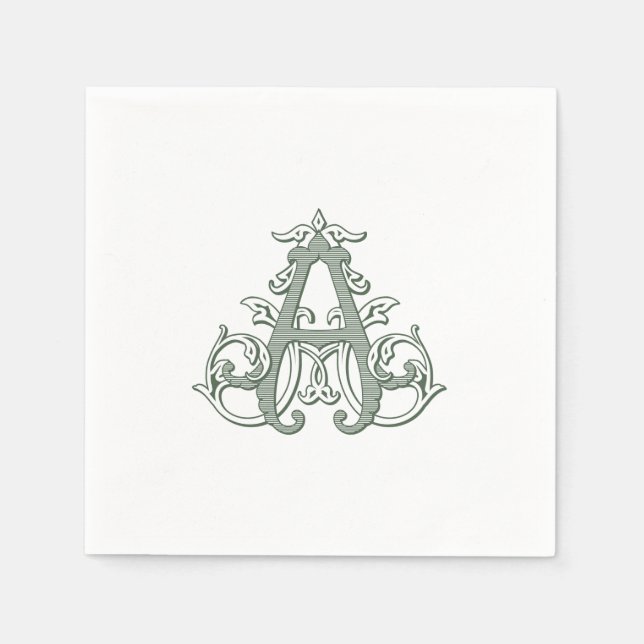 Dunkelgrüne "A" Monogramm Cocktailservietten Serviette (Vorderseite)