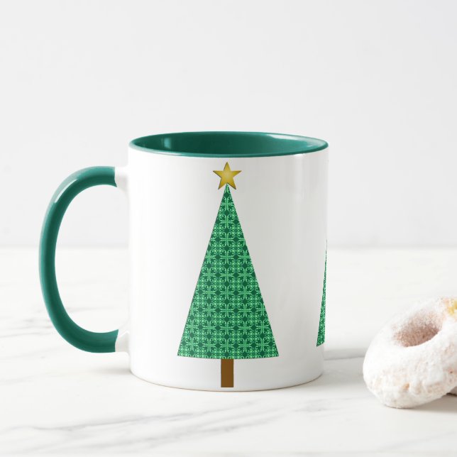Dunkelgrüne Arabesque Moderne WeihnachtsbaumTasse Tasse (Mit Donut)