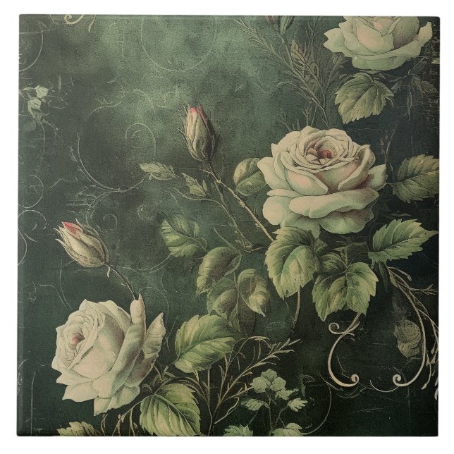 Dunkelgrüne Blush-Rose  Fliese (Vorderseite)