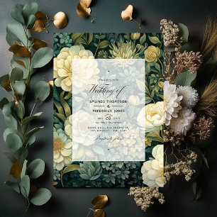 Dunkelgrüne, creme und goldene Blumenhochzeit Einladung