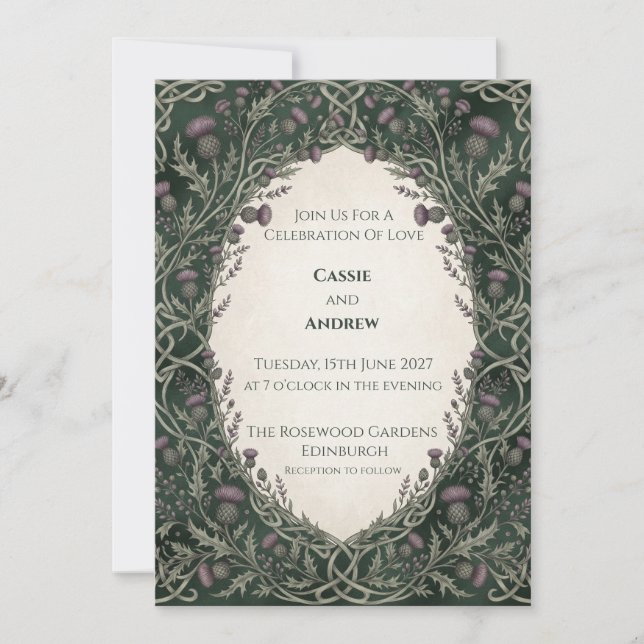 Dunkelgrüne Distel-Keltischer-Bogen-Hochzeit Einladung (Vorderseite)