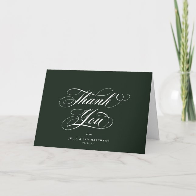Dunkelgrüne, elegante Script-Blank-Hochzeit Dankeskarte (Vorderseite)