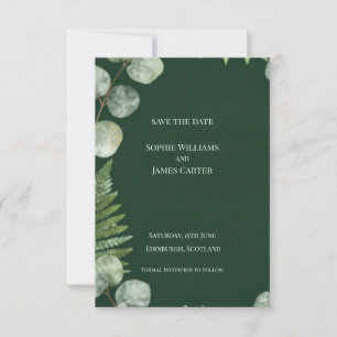 Dunkelgrüne Farn-Eukalyptus-Schottische Hochzeit Save The Date