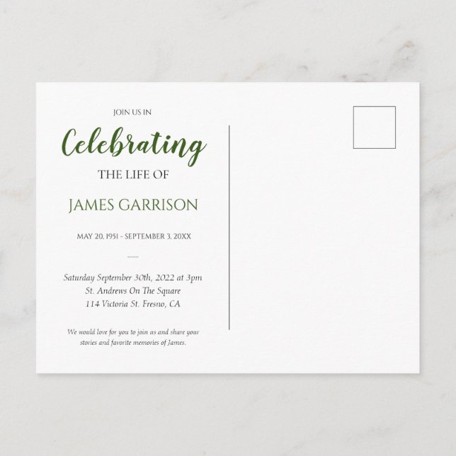 Dunkelgrüne Feier des Lebens mit Foto Beerdigung Postkarte (Rückseite)