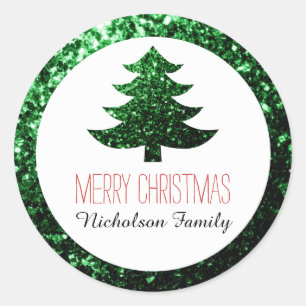 Dunkelgrüne Glitzern Weihnachtsbaumgeschenk-Tag Runder Aufkleber