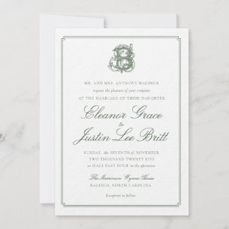 Dunkelgrüne Hochzeitseinladung mit "B"-Monogramm Einladung