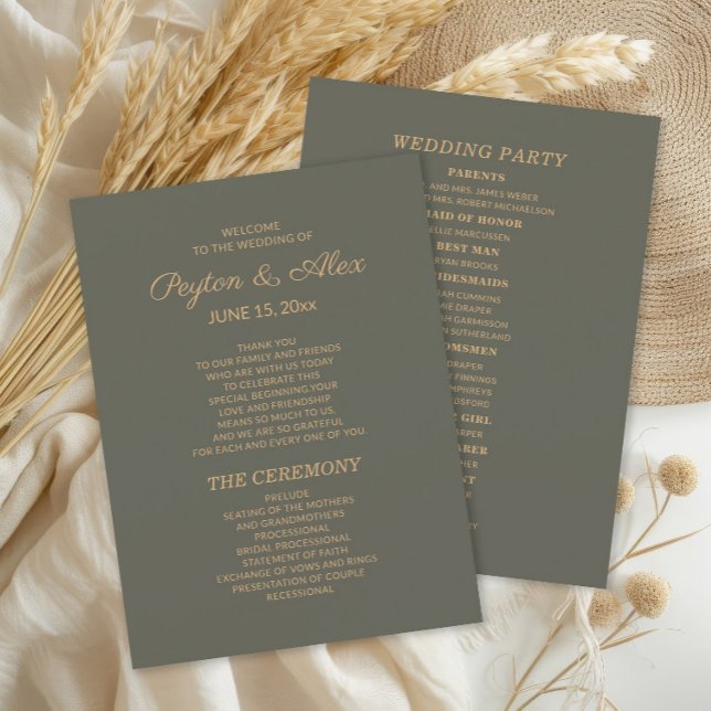Dunkelgrüne Hochzeitsprogramm-Hochzeitsgesellschaf Programm (Olive/sage green 2-sided wedding program including the wedding party.)