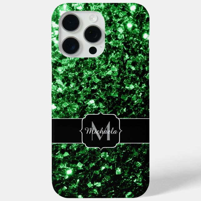 Dunkelgrüne Imitate Glitzer Glitzern Monogram Case-Mate iPhone Hülle (Rückseite)