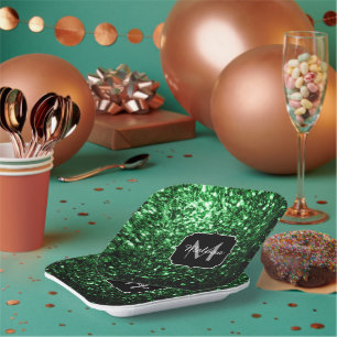 Dunkelgrüne Imitate Glitzer Glitzern Monogram Pappteller