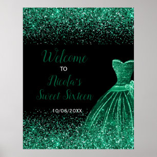 Dunkelgrüne Imitate Glitzer Sweet 16 Willkommen Poster