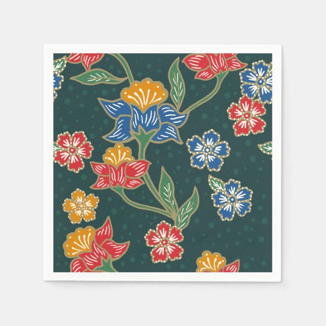 Dunkelgrüne indonesische Blumenweine Batik Muster Serviette (Vorderseite)
