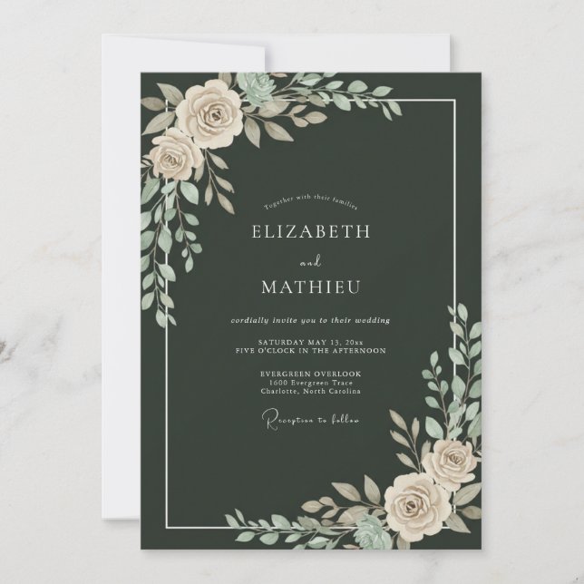 Dunkelgrüne makellose Winterhochzeit Einladung (Vorderseite)