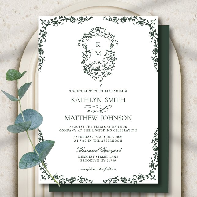 Dunkelgrüne Monogram Vintages Wappen Hochzeit Einladung (Von Creator hochgeladen)