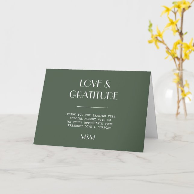 Dunkelgrüne Moos-Minimalist-Scandi-Hochzeitsdanksa Karte (Gelbe Blume)