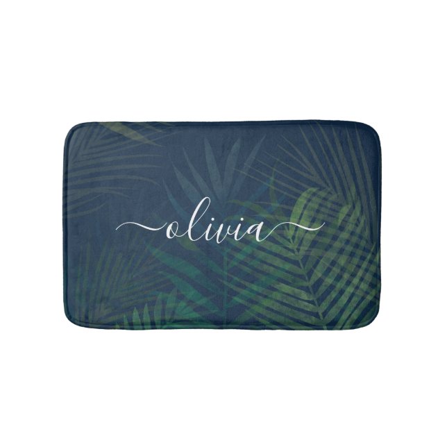 Dunkelgrüne Palmen Blätter Muster Badematte (Vorderseite)