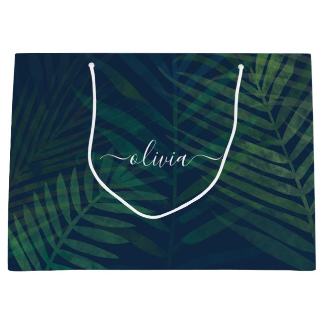 Dunkelgrüne Palmen Blätter Muster Große Geschenktüte (Vorderseite)