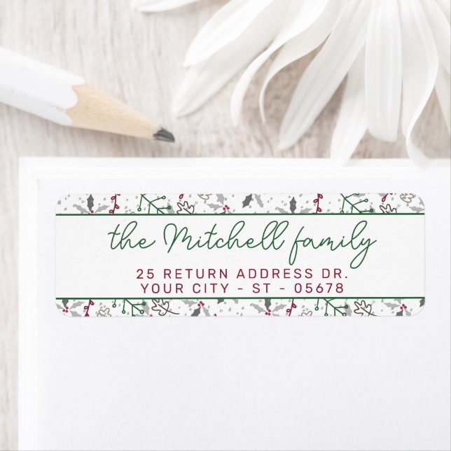 Dunkelgrüne Pine Needles Red Holly Berries Muster (Insitu)