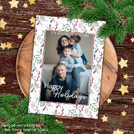 Dunkelgrüne Pine Needles Red Holly Berries Muster Karte