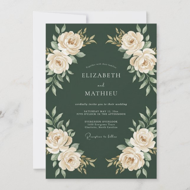 Dunkelgrüne polierte Rosenhochzeit Einladung (Vorderseite)