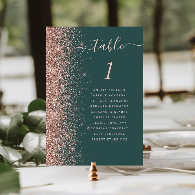Dunkelgrüne Rose Gold Glitzer Hochzeit Tischnummer (Von Creator hochgeladen)