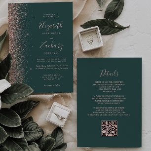 Dunkelgrüne Roségold-Glitter-QR-Code-Hochzeit Einladung